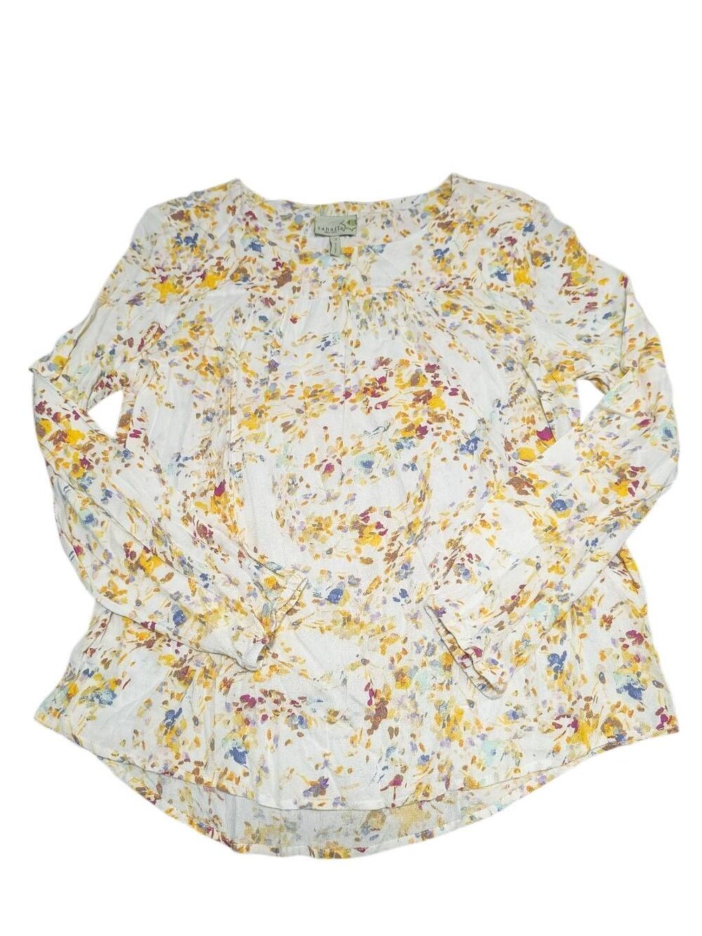 Sahalie Long-sleeved delicate multicolored floral print on lightweight white ba